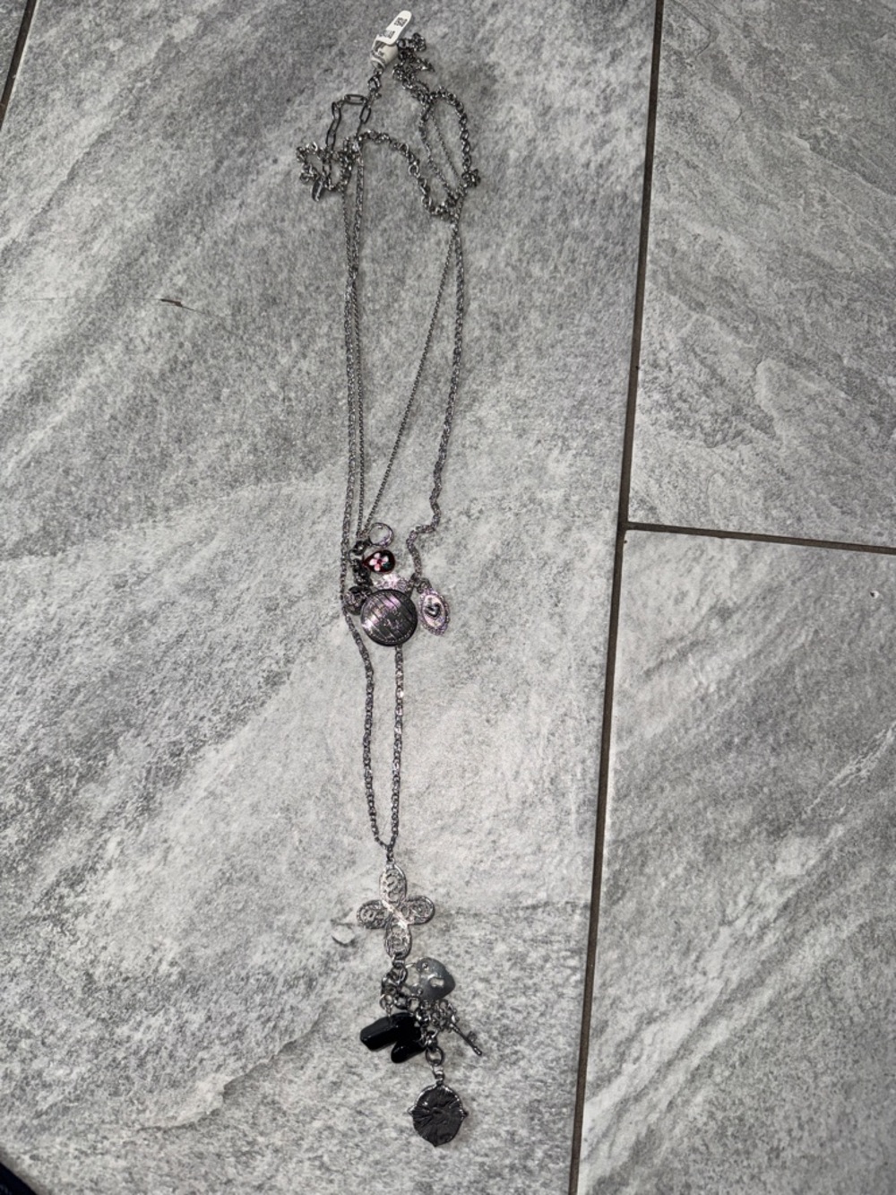 Free People Silver-Tone Multi-Charm Layered Necklace with Purple Accents